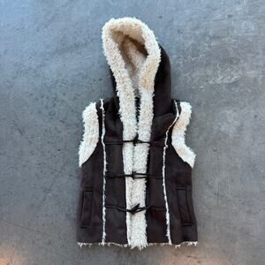 Vintage Y2k Brown Suede Faux Fur Hoodie Vest Women's Large Fits Medium